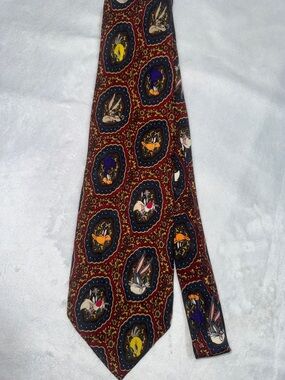 Vintage Warner Bros. Looney Tunes Silk Tie in Burgundy, Navy and Gold